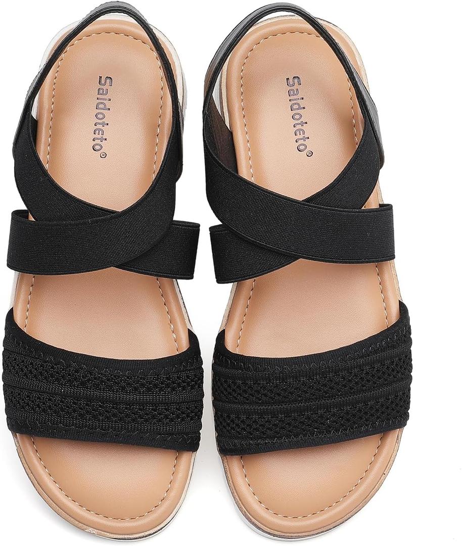 Saidoteto Women's Wide Width Flat Sandals,Comfortable Elastic Ankle Strap Slingback Slip-On Open Toe Low Wedge Walking Sandals for Summer & Casual, Size: 12