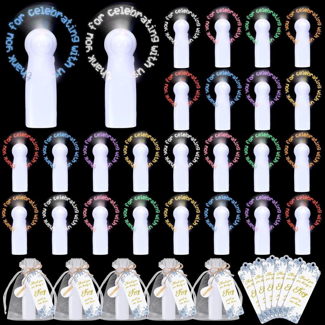 Retisee 32 Set Mini Portable Handheld Fans Bulk for Wedding Guest LED Battery Fans with Bags and Cards Thank You for Celebrating with Us Gifts for Summer Wedding Bridal Shower Party Favors(Flower) (Blue)