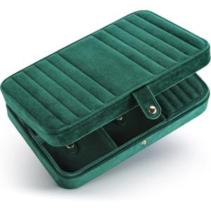 VELORIA Emerald Green Velvet Travel Jewelry Organizer, Necklace Holder Case with 8 Snap Clasps, Elastic Pouch, Ring & Earring Storage, Compact Jewelry Case for Bracelets and Bangles