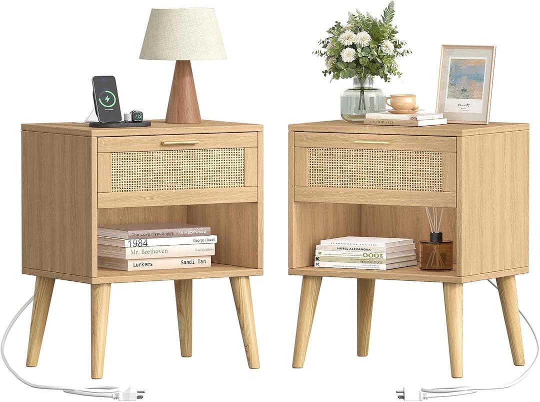 Keehusux 17.7" W x 15.7" D Rattan Nightstand Set of 2, Night Stand with Charging Station, Bedside Table with Open Shelf & Solid Wood Legs, Boho Night Stand with Drawer, End Table for Bedroom, Natural, 17.7"W x 15.7"D x 22.8"H