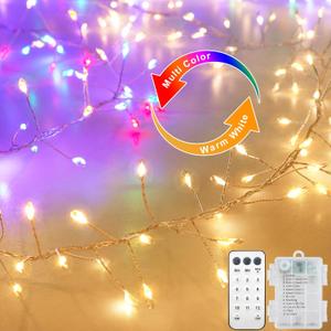 Dual Color Changing Cluster Fairy Lights Battery Operated, 10Ft 200 LED Fairy String Lights with Remote Control Timer Twinkle Firecracker Christmas Lights for Bedroom Xmas Tree Garland Decoration (Warm White & Multicolor-Silver Wire)