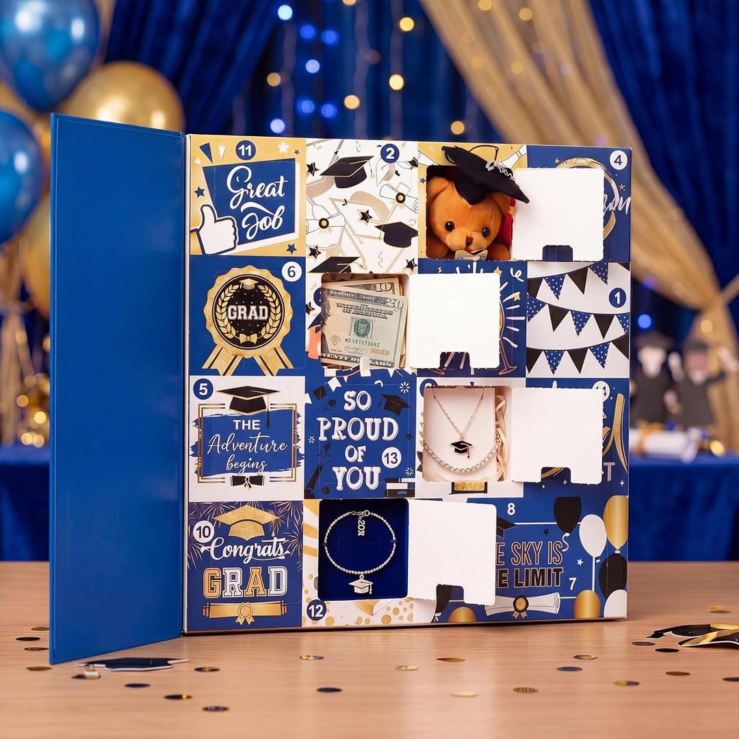 Graduation Advent Calendar Gift Box 16 Days Fill It Yourself Empty Gift Box Empty DIY Graduation Countdown Calender for Graduates Her Him High School College(Blue)
