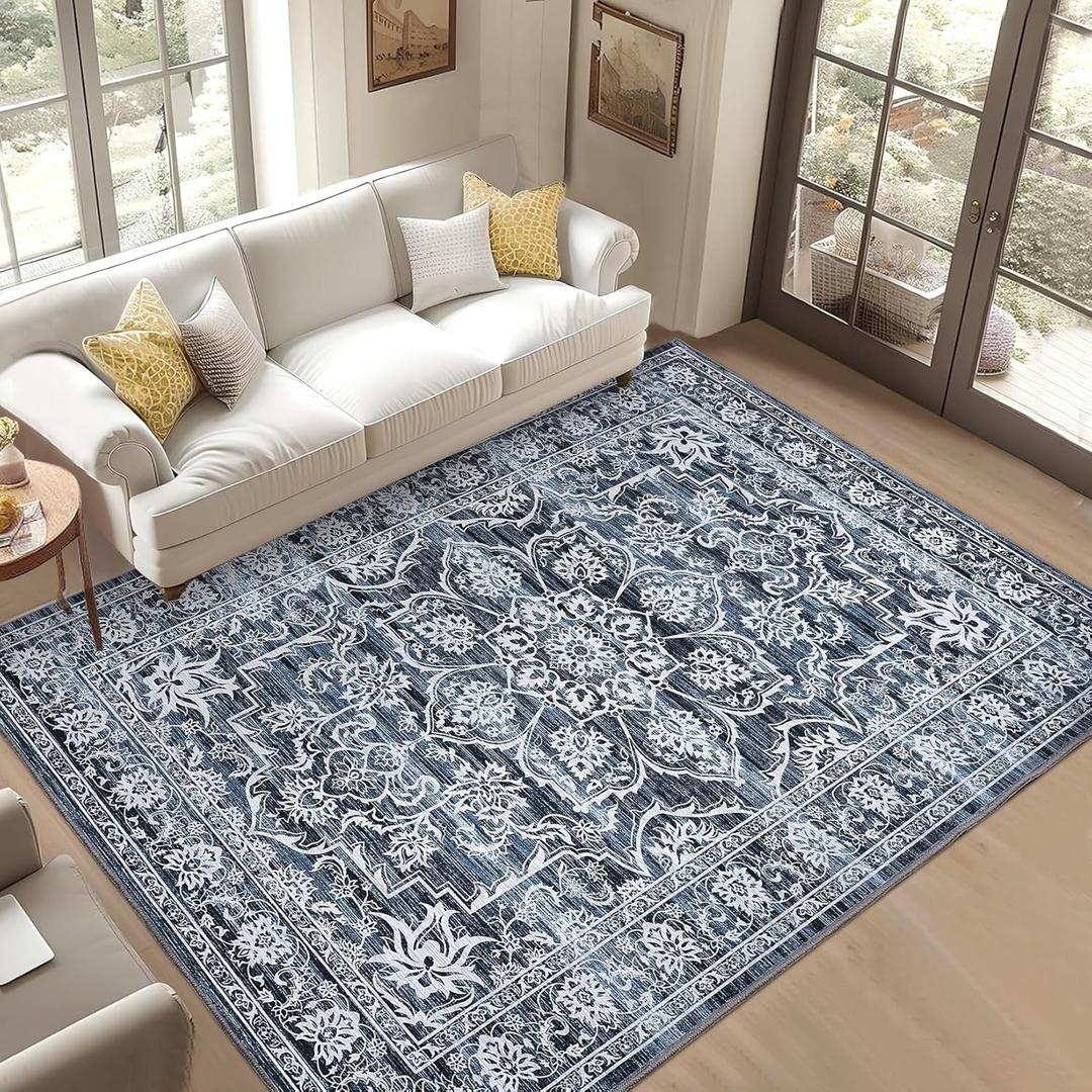CAROMIO 10x13 Washable Area Rug, Soft Low Pile Large Area Rug with Non-Slip Backing, Vintage Distressed Rugs for Living Room Bedroom Dining Room, Navy Blue
