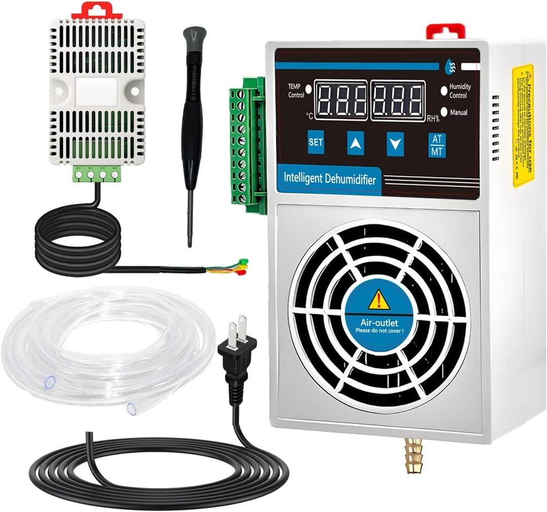 Grow Tent Dehumidifier, Smart Temp and Humidity Controller with External Heating or Cooling Interface, Auto Dehumidification Kit for Safes/Cabinets/Electric Box/Closets, AC/DC 85-265V, Auto Shut Off