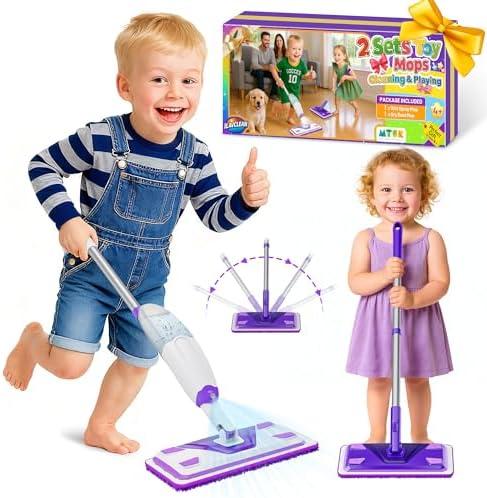 ILAVCLEAN 2 Set Toy Mop for Kids - Toddler Real Spray Flat Floor Mop Montessori Cleaning Toy Set, Educational and Fun Gifts for Boys and Girls Ages 4+