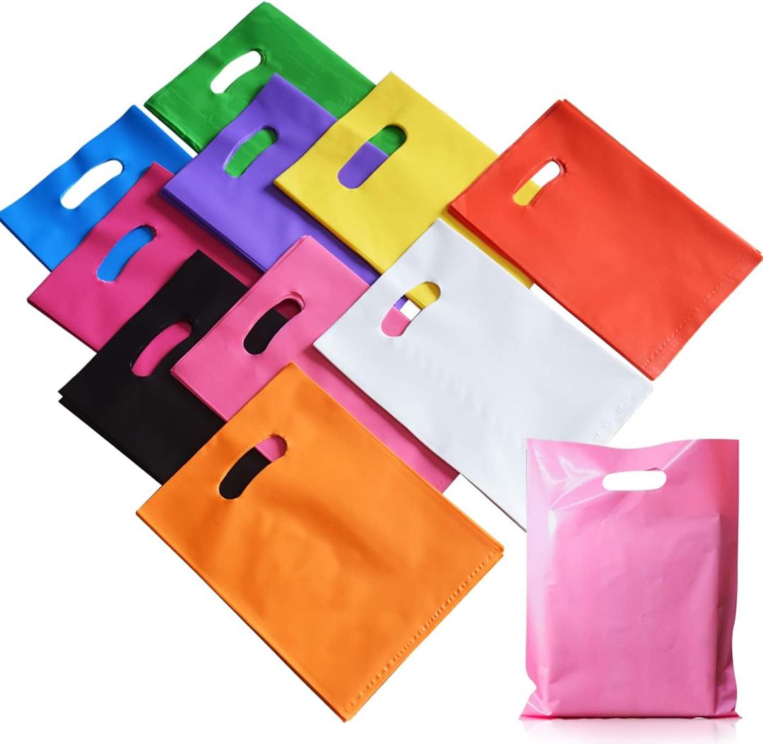 Plastic Party Favor Small Gift Bags, 100 PCS 6" x 8" Goodie Bags for Kids, Candy Treat Pouches Bulk with Handle for Kids' Birthday Party, Thanksgiving, Christmas, Halloween, 10 Colors