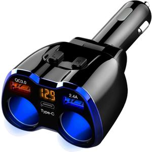 Car Charger, 150W 2-Socket Cigarette Lighter Splitter QC 3.0 Dual USB Ports 1 USB C Fast Car Adapter with Separate Switch LED Voltmeter Replaceable 15A Fuse for GPS/Dash Cam/Phone/iPad (Blue)