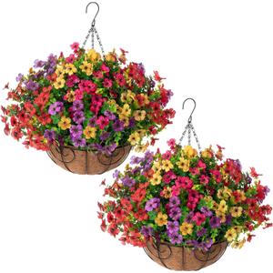 HyeFlora 2 Set Artificial Outdoor Flowers Hanging Basket, Faux Hanging Plants for Outside Spring Decoration, Fake Silk UV Resistant Look Real Daisy for Porch Patio Home Decor
