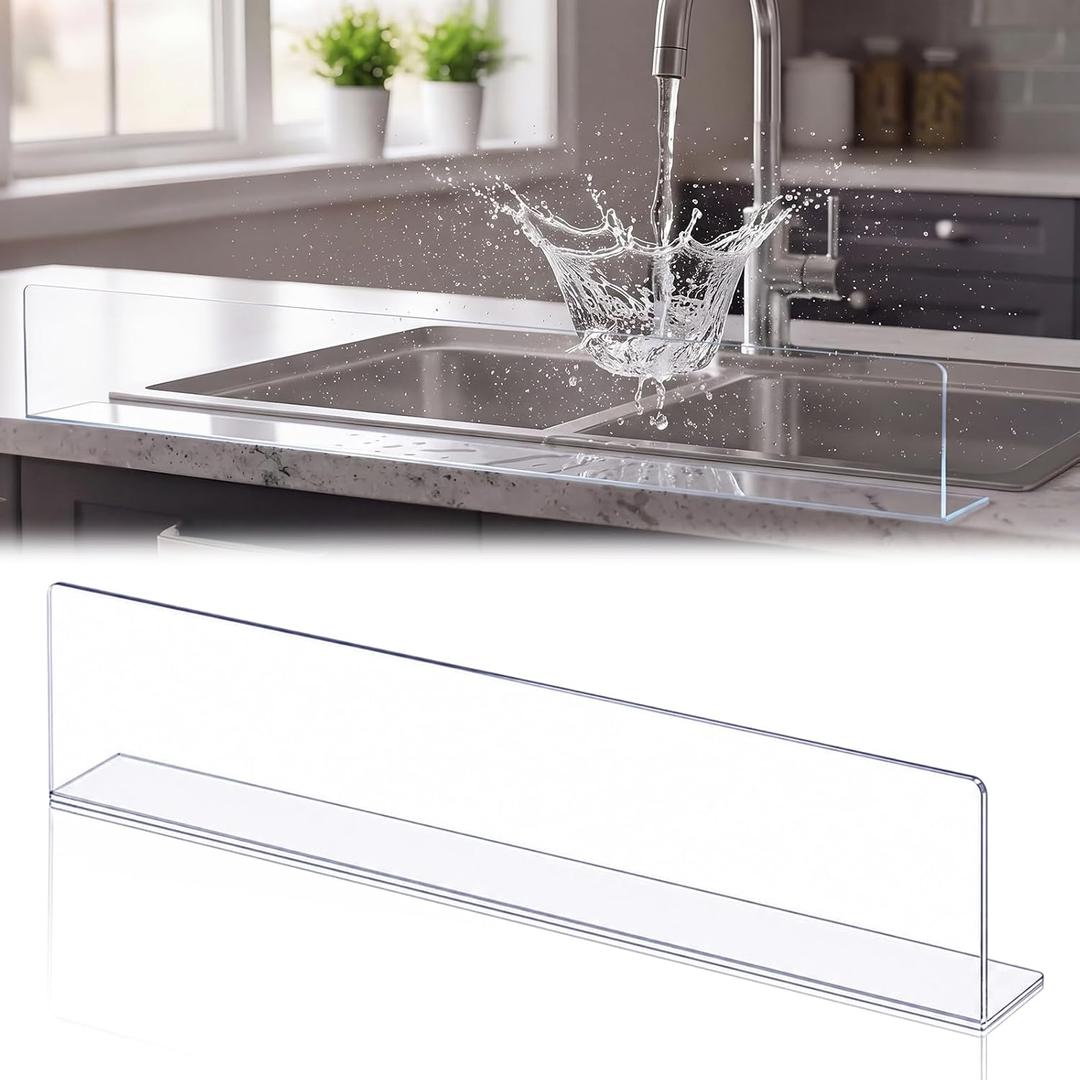 30 Inch Kitchen Sink Splash Guard, Clear Acrylic Water Barrier with 10pcs Removable Adhesive Tape, Edge Protector for Kitchen Island, Bathroom Counter, Stove Backsplash