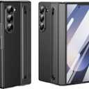 for Samsung Galaxy Z Fold 6 Case with Built-in Compact Writing Pen,Leather Texture,Hinge Protection Wireless Charging,Slim S Pen Phone Case Black 23-Z Fold6-04