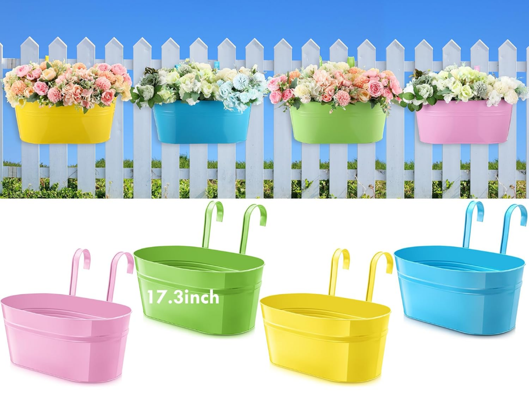 Honeydak 4 Pcs 17.3 Inch Large Metal Iron Hanging Flower Pots Outdoor Rail Planter with Detachable Hooks and Drainage Holes Deck Railing Fence Flower Buckets Plant Holder for Home (Multicolor)