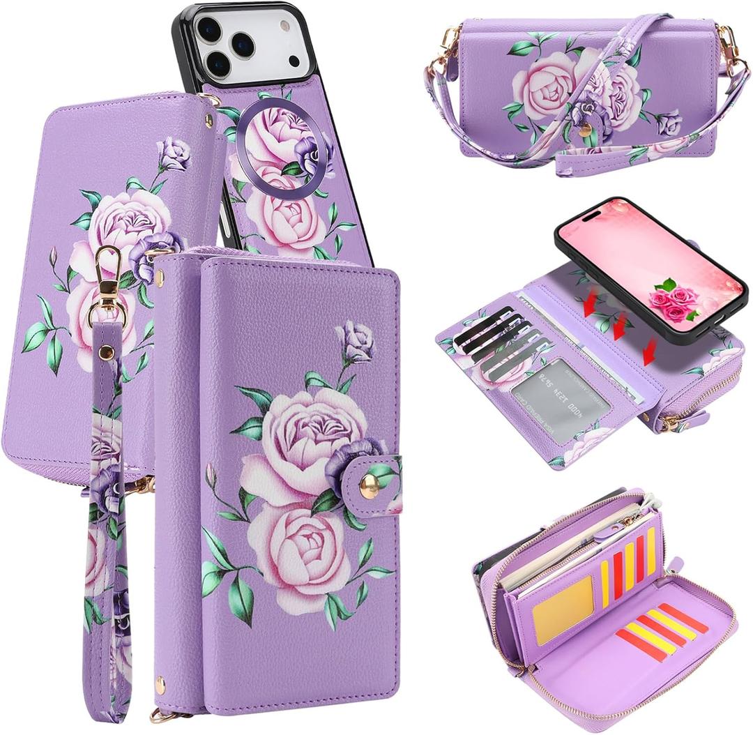 Compatible for iPhone 17 Phone Case Crossbody Wallet,Detachable Magnetic,Card Holder,Wrist Lanyard Strap,Zipper Wallet Case for Men Women,PurpleFlower