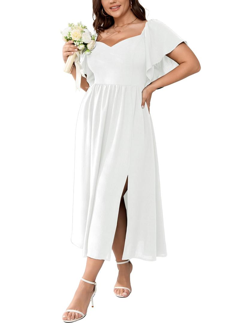 SCOMCHIC Women Plus Size Dresses Short Sleeve Sweetheart Neckline Wedding Guest Cocktail Smocked A Line Slit Maxi Dress White, 24W