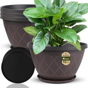 4 Pack 16 Inch Large Plant Pots, Plastic Flower Pots for Indoor & Outdoor with Drainage Holes & Saucer, Imitation Diamond Pattern Design Planters Garden Pots for Herbs (Brown)