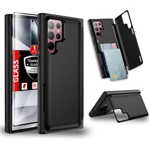 for Samsung Galaxy S24 Ultra Case Wallet Built-in Card Holder 2 Cards+Kickstand, with Screen Protector, for S24Ultra Case Hidden Card, Heavy Duty Shockproof Protection Military-Grade Drop Black