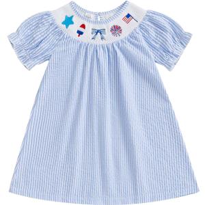 Toddler Little Baby Girl 4th of July Dress Puff Short Sleeve Stripes Smocked Dresses Kids Fourth of July Outfit