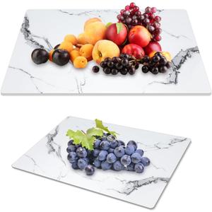 JAMBALAY Tempered Glass Cutting Boards for Kitchen, White 12"x8" & 16"x12" Glass Cutting Board Set with Marble Design, With Non Slip Foot, Shatter and Heat Resistant, Dishwasher Safe