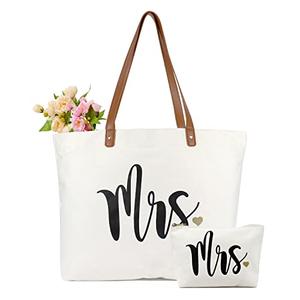 Lamyba Mrs Bag with Makeup Bag, Bride Tote Bag, Bridal Shower Gifts for Bride,Canvas White (21"x 15"x 5.5 " & 8.7"x 5"x 3 ")