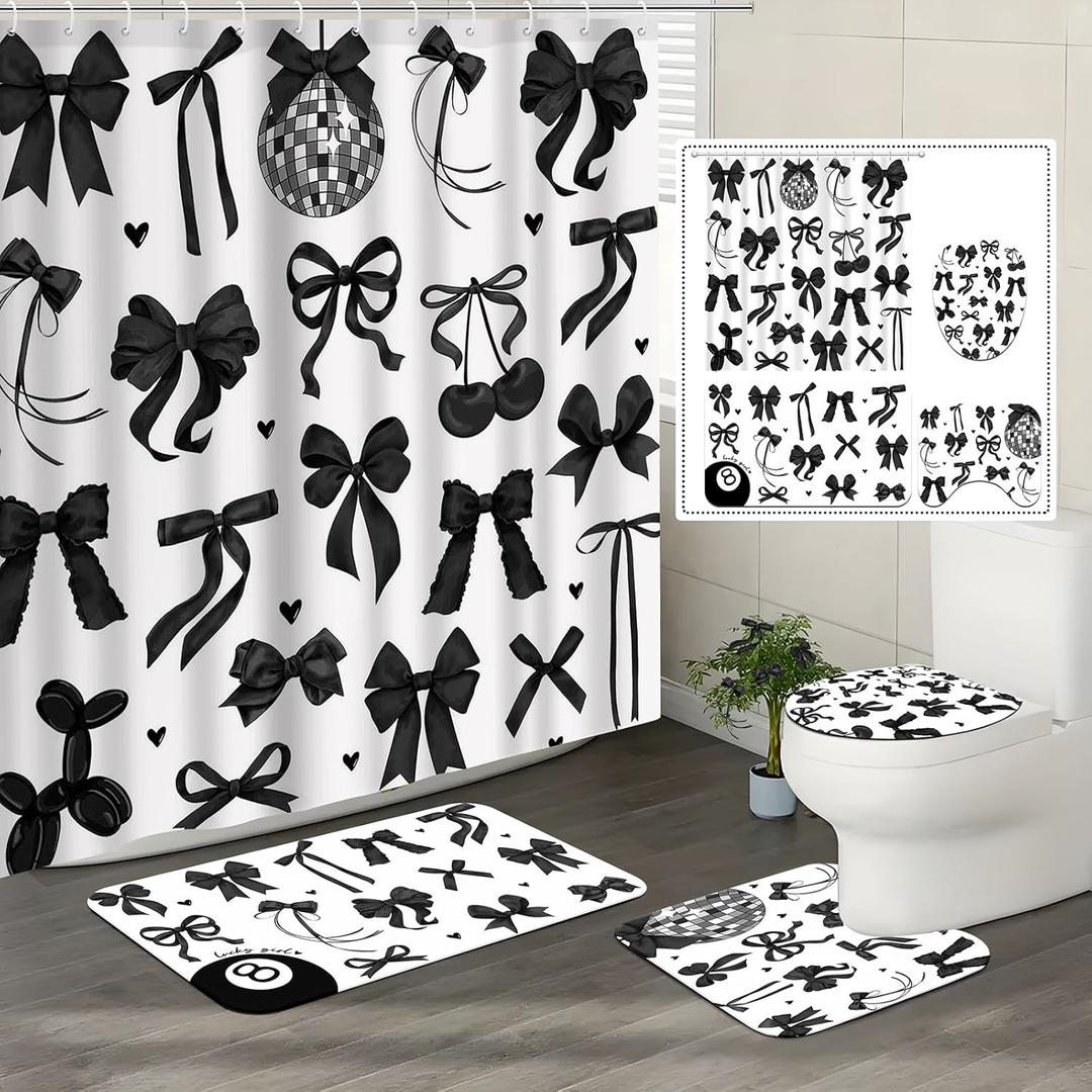 Lofaris Bow Shower Curtain Set 4 Pcs - Black and White Bathroom Sets with Shower Curtain and Rugs Coquette Bathroom Decor with Non-Slip Rugs & Toilet Lid Cover, Elegant Girly Bathroom Accessories
