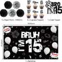 Holkcog 15th Birthday Party Decorations, Happy 15th Bday Bruh Banner Bankground for Boys Girls, Black Number 15 Foil Ballons & Cupcake Topper, Hanging Swirls, Black Happy 15 Years Old Party Supplies