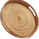 Coffee Table Tray Round Rattan Ottoman Tray Woven Serving Trays with Handles for Home and Kitchen Decorative Natural (Large 14 inch x 2.4 inch)