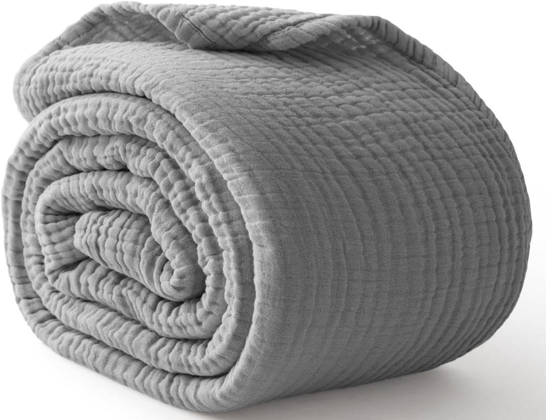 100% Cotton Muslin Blanket Large 50" x 70", 6 Layers Breathable and Lightweight Cotton Throw Blanket for Bed and Couch, Soft Quilt Bedspread, Gauze Blanket for Adults All Season, Grey (03 - Medium Grey)