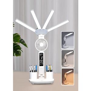 Led Desk Lamp with Fan Study Light with Clock, Adjustable Foldable Table Lamp with Pen Holder, 3 Brightness Levels, USB Charging Port