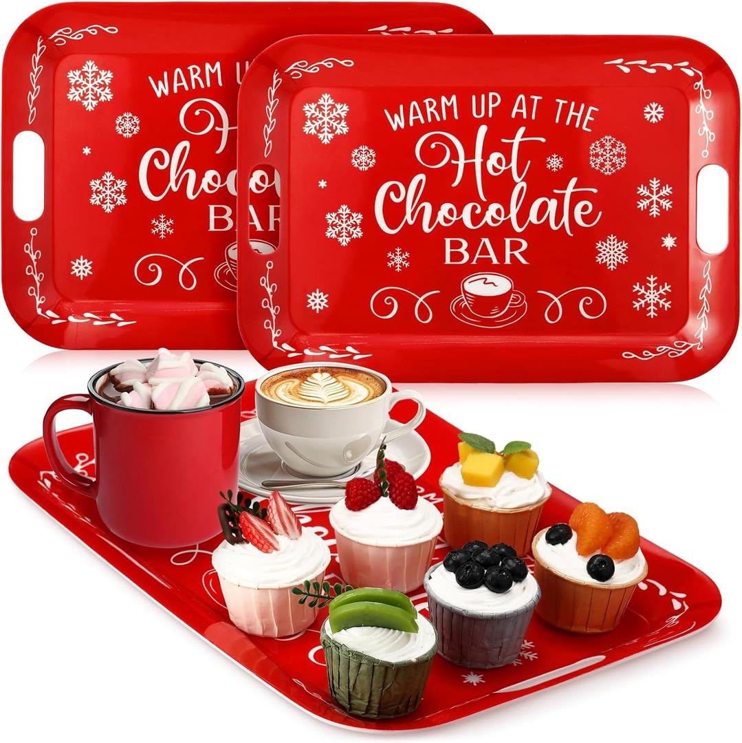 Yousoontic 3 Pcs Christmas Hot Cocoa Bar Serving Trays 16 x 11 Inch Red Christmas Platters Rectangular Serving Dishes Xmas Snowflake Decorative Hot Cocoa Bar Trays for Serving Food