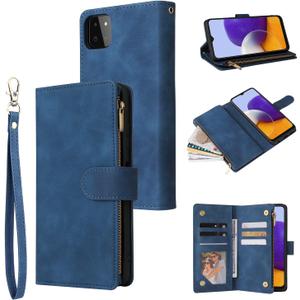 UEEBAI Wallet Case for Samsung Galaxy A22 5G, Premium Vintage PU Leather Magnetic Closure Handbag Zipper Pocket Case Kickstand Card Holder Slots with Wrist Strap TPU Shockproof Flip Cover - Blue