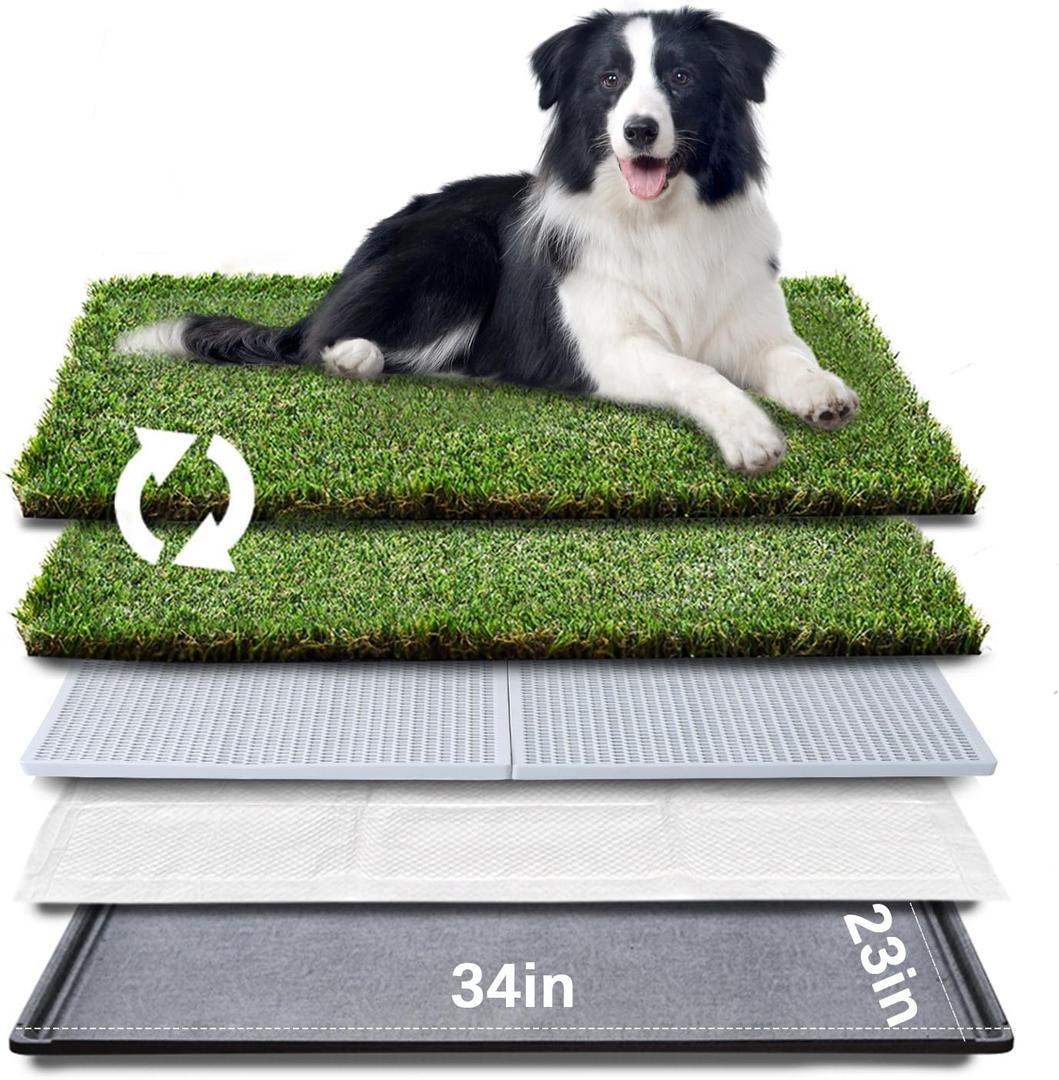 HQ4us Dog Grass Pad with Tray Large 3423 Dog Litter Box Toilet with 2Artificial Grass for Dogs with Hemmed Edge, Pee Pads for Dogs, Realistic, Less Stink, Potty for Balcony (Large - 3423 for 30-60lbs Dog)