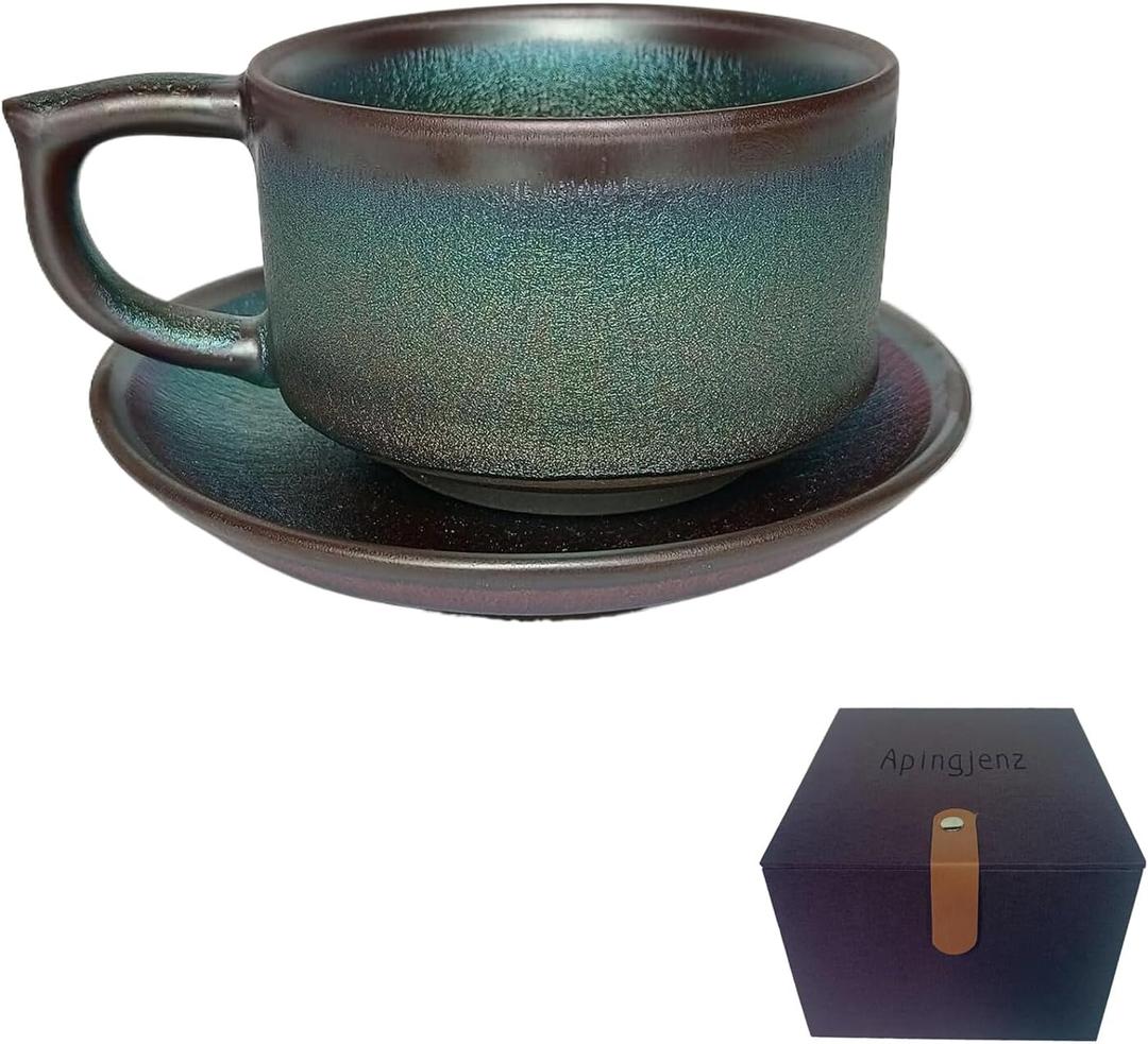 Porcelain Cappuccino Cup with Saucer, Tenmoku Glaze, Jianzhan Coffee Mug - 7 oz for Coffee Drinks, Cappuccino, Latte, Americano and Tea Giftbox