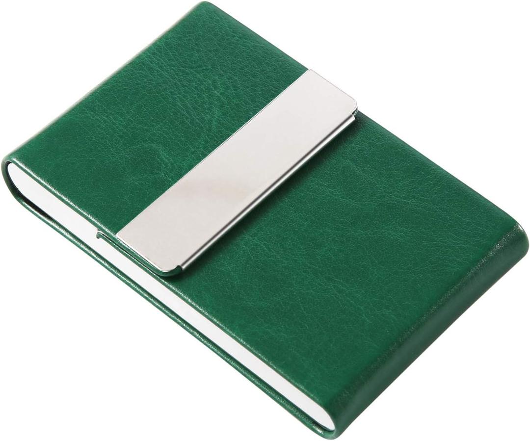 JuneLsy Business Card Holder Case - Professional PU Leather Metal Name Card Holder Pocket Business Card Carrier for Men & Women with Magnetic Shut (S-Dark green)