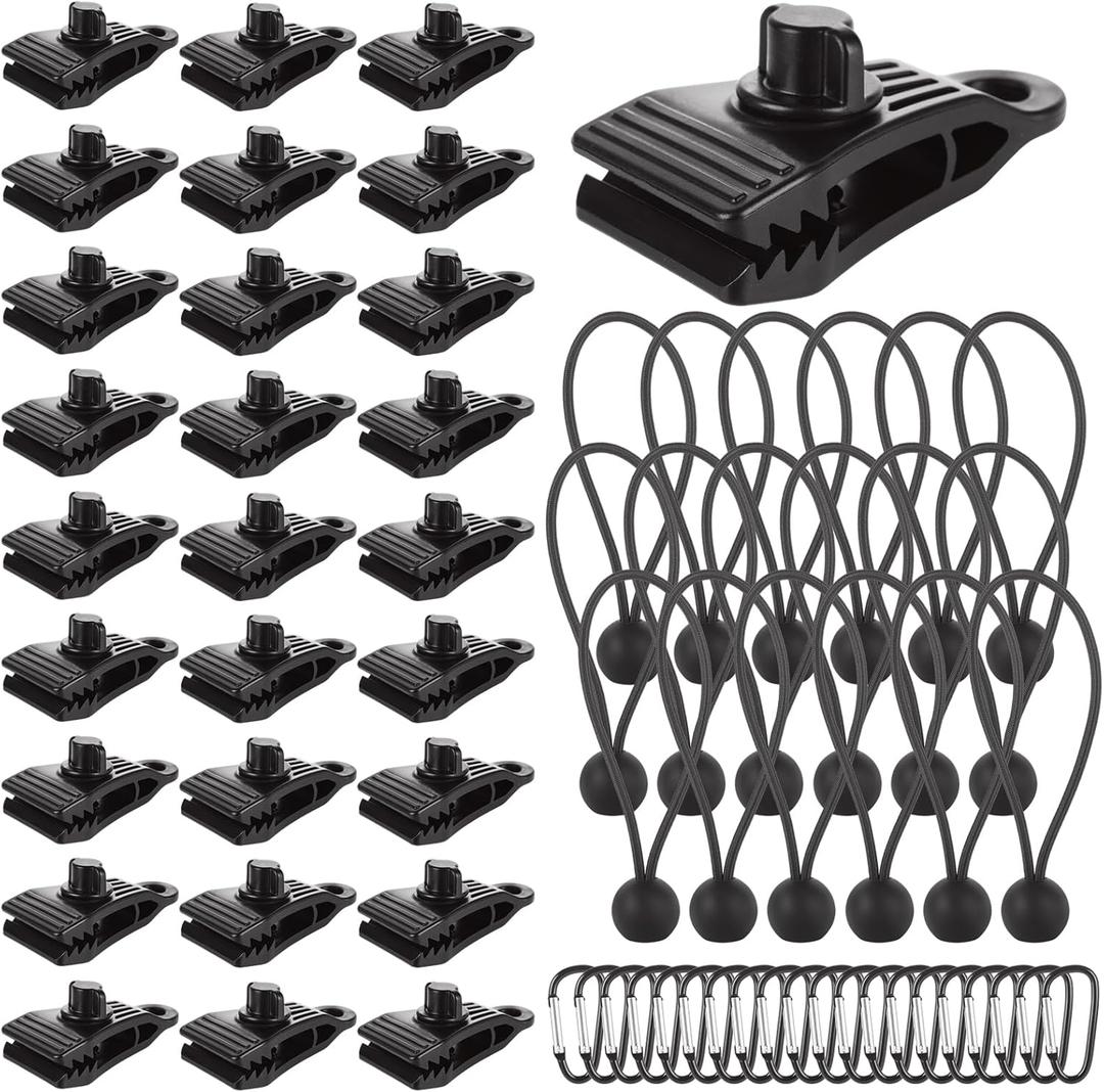 CYUS 60 Pcs Heavy Duty Lock Grip Tarp Clips, Tarp Clamps Tent Fasteners with Bungee Cords & Carabiners, Shark Teeth Design Large Tarps Clips Secure Cover for Camping, Pool Covers, Awnings, Canopies