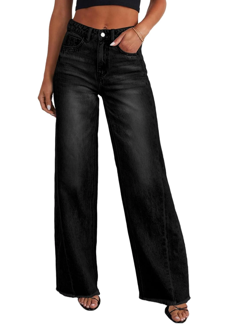 Women's Wide Leg Jeans High Waisted Strechy Raw Hem Zimbaplatinum Denim Pants