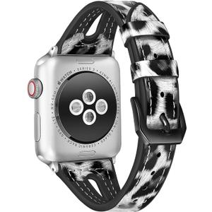 2 x TILON Leopard Bands Compatible for Apple Watch Band 38mm 40mm 41mm/42mm 44mm 45mm, Waterproof Genuine Leather&Soft Silicone Strap Replacement for iWatch Series SE 7 6 5 4 3 2 1 Women Girls (Black)