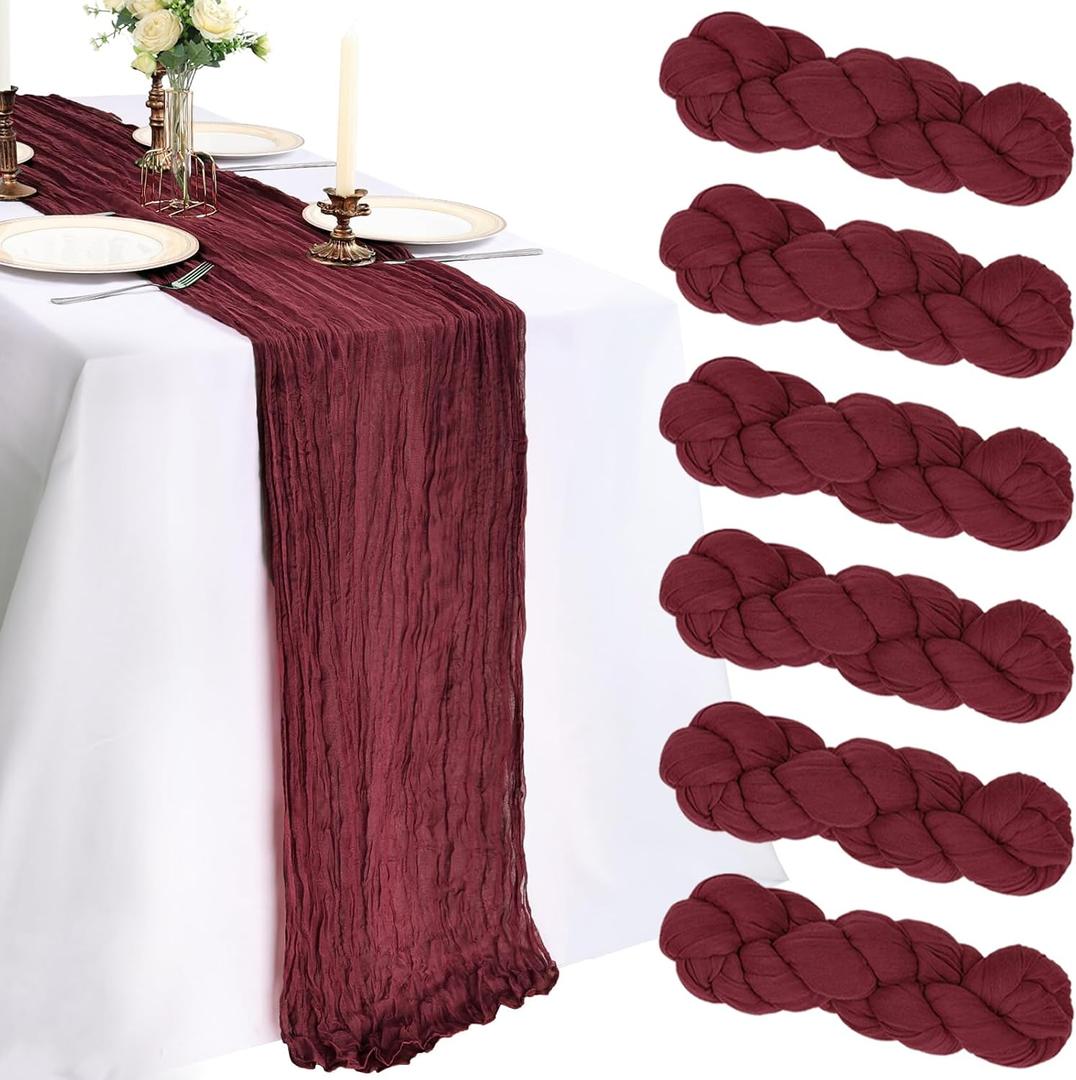 6 Pack 10FT Burgundy Cheesecloth Table Runner 120 Inch Long Gauze Rustic Boho Spring Cheese Cloth Table Runner Sheer Fabric Decorations for Holiday Party Wedding Banquet Bridal Baby Shower Dcor