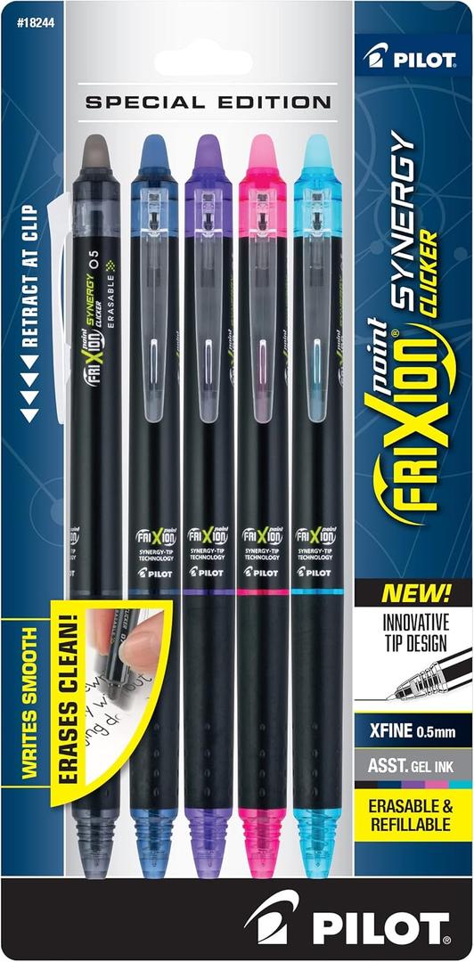 PILOT FriXion Synergy Clicker Erasable, Refillable & Retractable Gel Ink Pens, Extra Fine Point, Assorted Ink Colors, 5-Pack (18244)