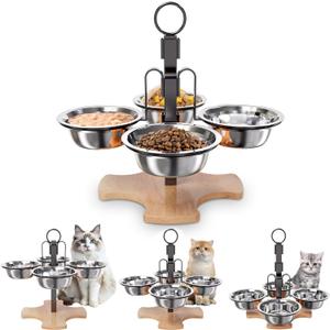 Adjustable Elevated Cat Bowls with Stand, 3 Height Raised Food & Water Bowl Set for Indoor Cats, 4 Stainless Steel Tilted Pet Dishes for Small Dogs, Non-Slip Feeding Station with Anti-Spill Design