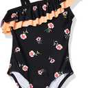 Kanu Surf Girls' Big Morgan Floral Ruffle 1-Shoulder 1-Piece Swimsuit, Black, 14