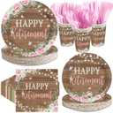 168Pcs Happy Retirement Party Decorations for Women Rustic Pink Floral Paper Plates and Napkins Log Wood Pink Flower Tableware Set for Goodbye Going Away Farewell Party Supplies Serves 24