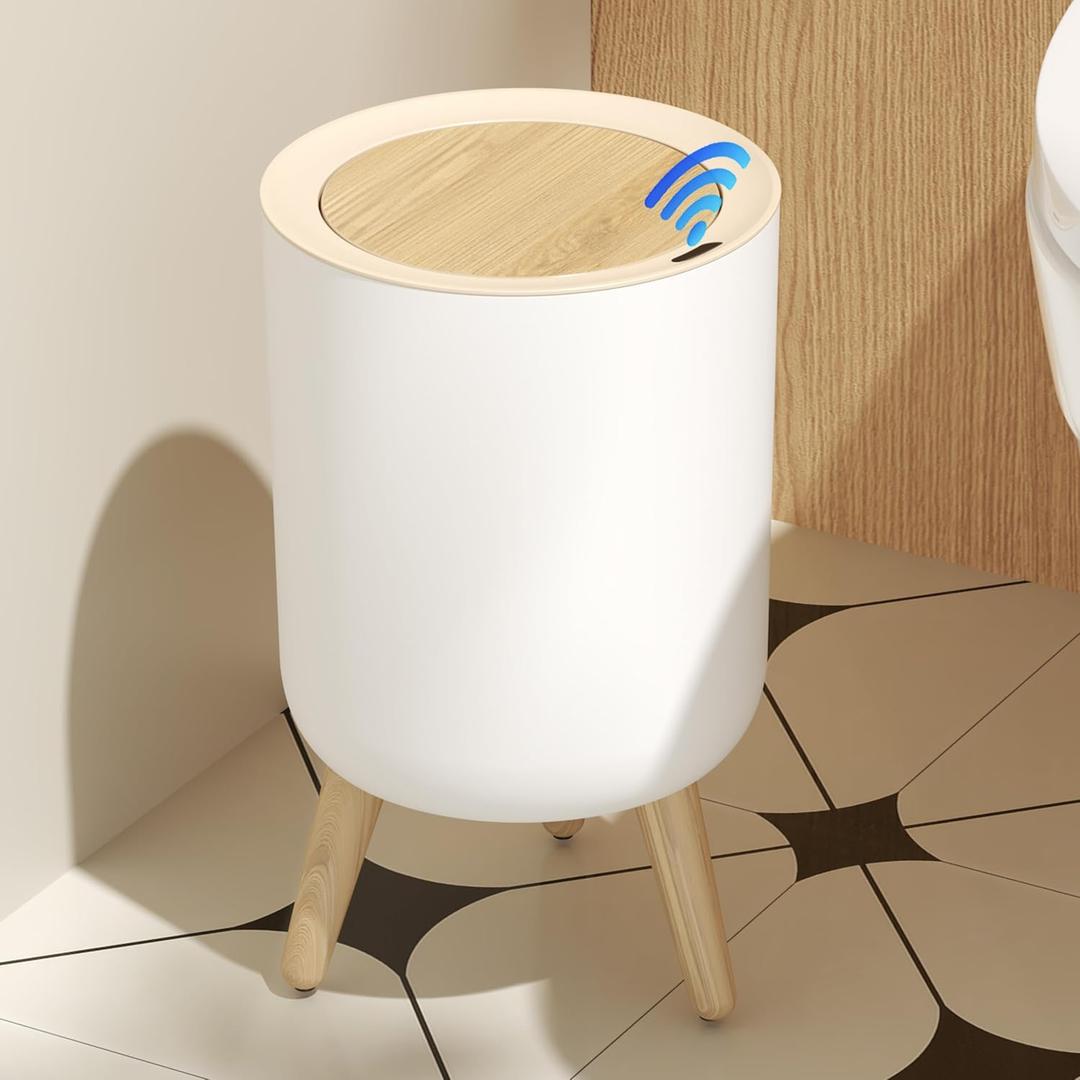 Motion Senor Bathroom Trash Can with Lid, 2.38 Gal Mini Garbage Can, Smart Automatic Touchless Open, Round Decorative Trashcan with legs and Wood Grain Top, for Kitchen Bedroom Office, Plastic, White