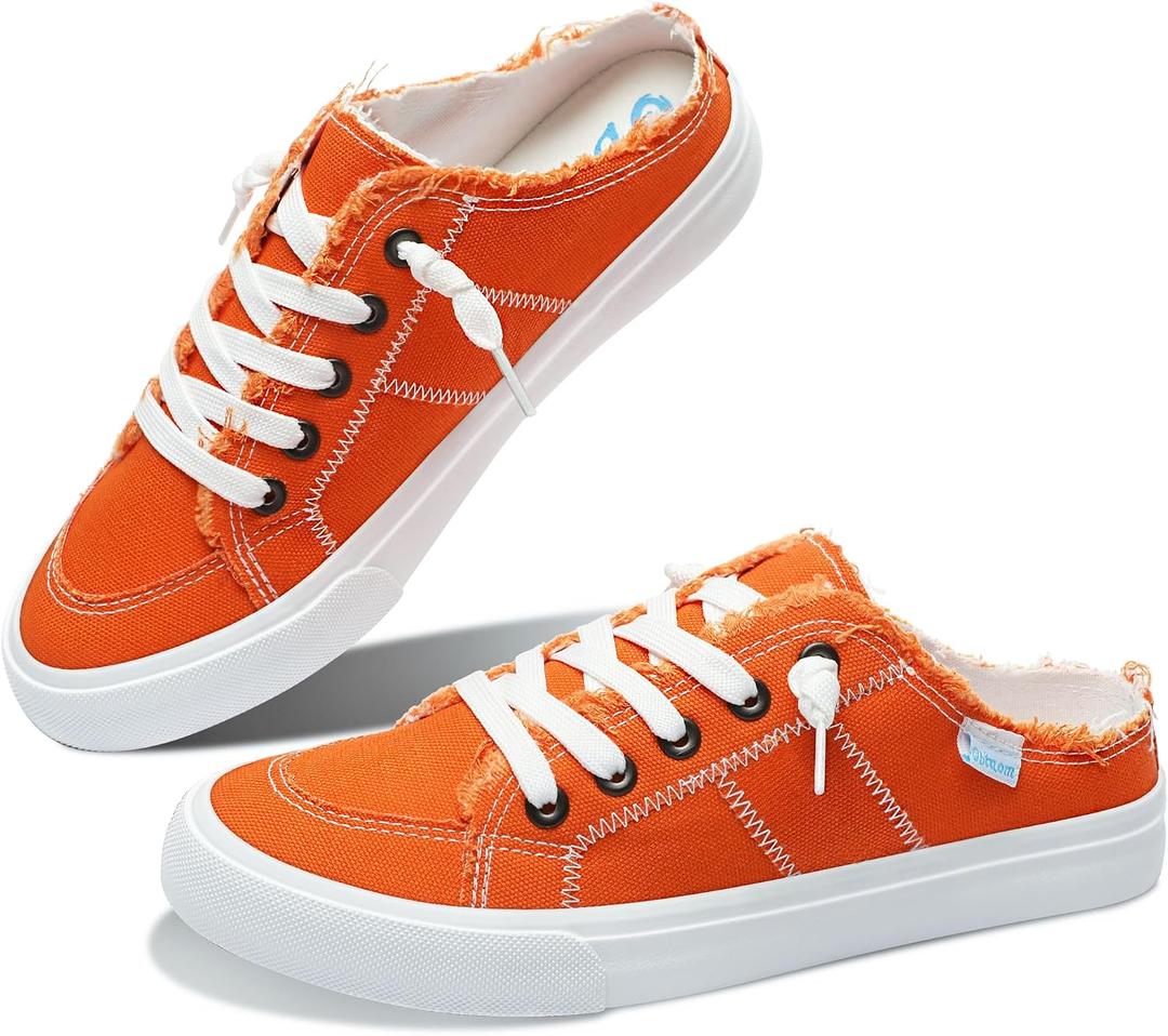 Obtaom Women Canvas Mules Memory Foam Clipper Fashion Sneakers Comfortable Slip-On Mule Backless Holiday Shoes(Orange,US11)