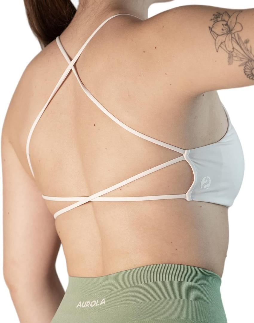 AUROLA Workout Sports Bras Women Athletic Removable Backless Strappy Criss Cross Light Support Gym Fitness Yoga Crop Bra, Earth, X-Small, Solid-crescent White