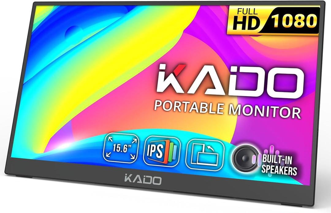 Kado Portable Monitor 15.6-inch FHD 1080p, 45W Reverse Charging Ultra-Slim Laptop Monitor 1920x1080 with Built-in Speakers, IPS Display Kickstand for PC, Mac, Phone, Xbox, PS5, USB-C & HDMI