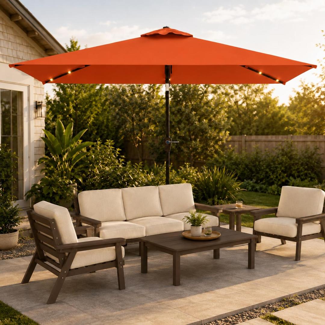 Patio Kingdom 6.5 x 10ft Rectangular Patio Umbrella with Solar Lights, 16 LED Lighted Market Umbrella with Push-Button Tilt and Crank, 6 Sturdy Iron Ribs for Garden, Deck, Pool, Terracotta
