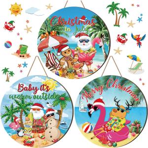 3 Pcs Christmas in July Door Decorations Christmas in July Front Door Wreath Summer Beach Wooden Sign Flamingo Santa Beach Hawaiian Hanging Hanger for Farmhouse Home Summer Xmas Decor Supplies