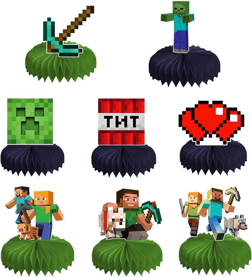 3D Table Decorations Party Supplies, 8 Pcs Pixel Theme Honeycomb Decorations, Birthday Party Decorations, Cartoon Double-Sided Honeycomb Centerpieces