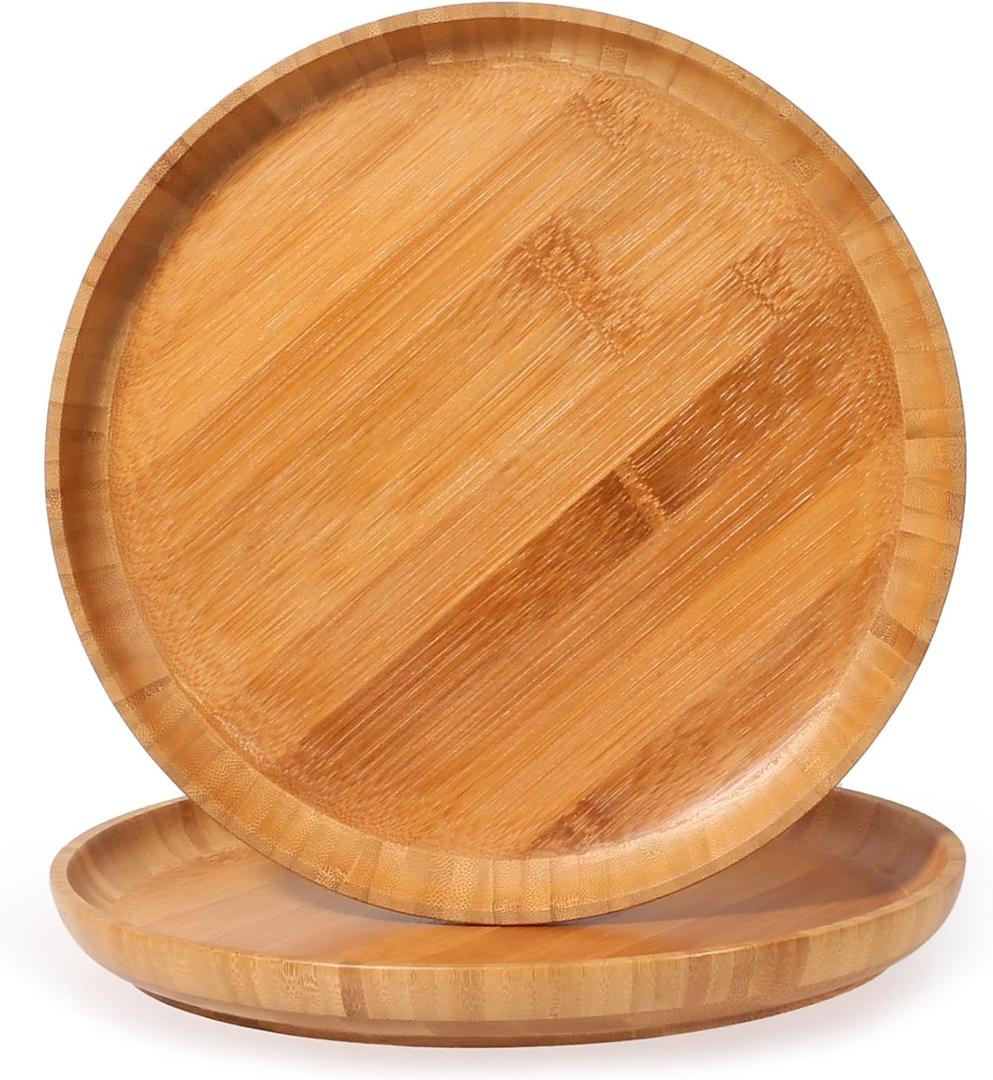Bamboo Wooden Dinner Plates Set of 2, 10 inch Decorative Serving Tray for Coffee Table and Home Decor, Round Serving Platters and Trays for Pasta/Fruit/Charcuterie, Reusable Charger Plates