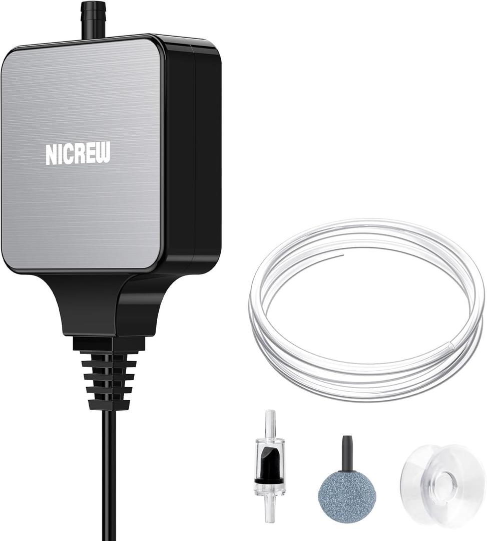 NICREW Nano Silent Aquarium Air Pump Black, Aquarium Aerator with Accessories for Up to 10 Gallon Fish Tank, Super Quiet, 0.3 L/min, 1.5 Watts