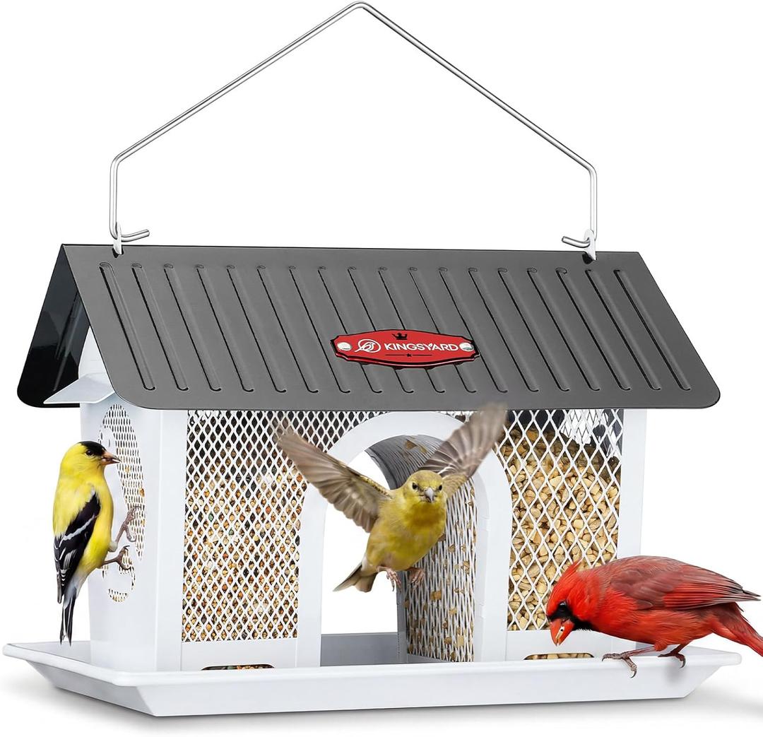 Kingsyard Bird Feeder for Outdoors Hanging, Dual-Use Metal Mesh Wild Bird Feeders with Seed Tray & Weatherproof Roof, 3 lbs Large Capacity, White